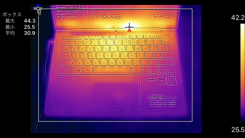 13.3型のキーボード面の最大温度は44.3℃