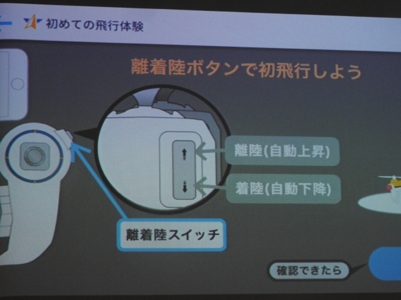 チュートリアル画面。画面に沿って進めることで、初心者でも簡単にドローンの基本的な操縦方法を学ぶことができる
