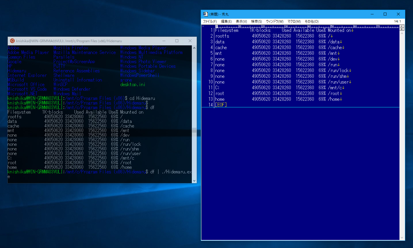 dfの結果を秀丸へ渡す