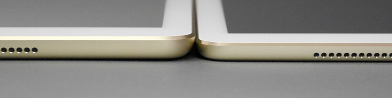 iPad Pro 9.7(右)との厚みの比較。本体端の斜めにカットされている部分をやや上回る厚みの差がある