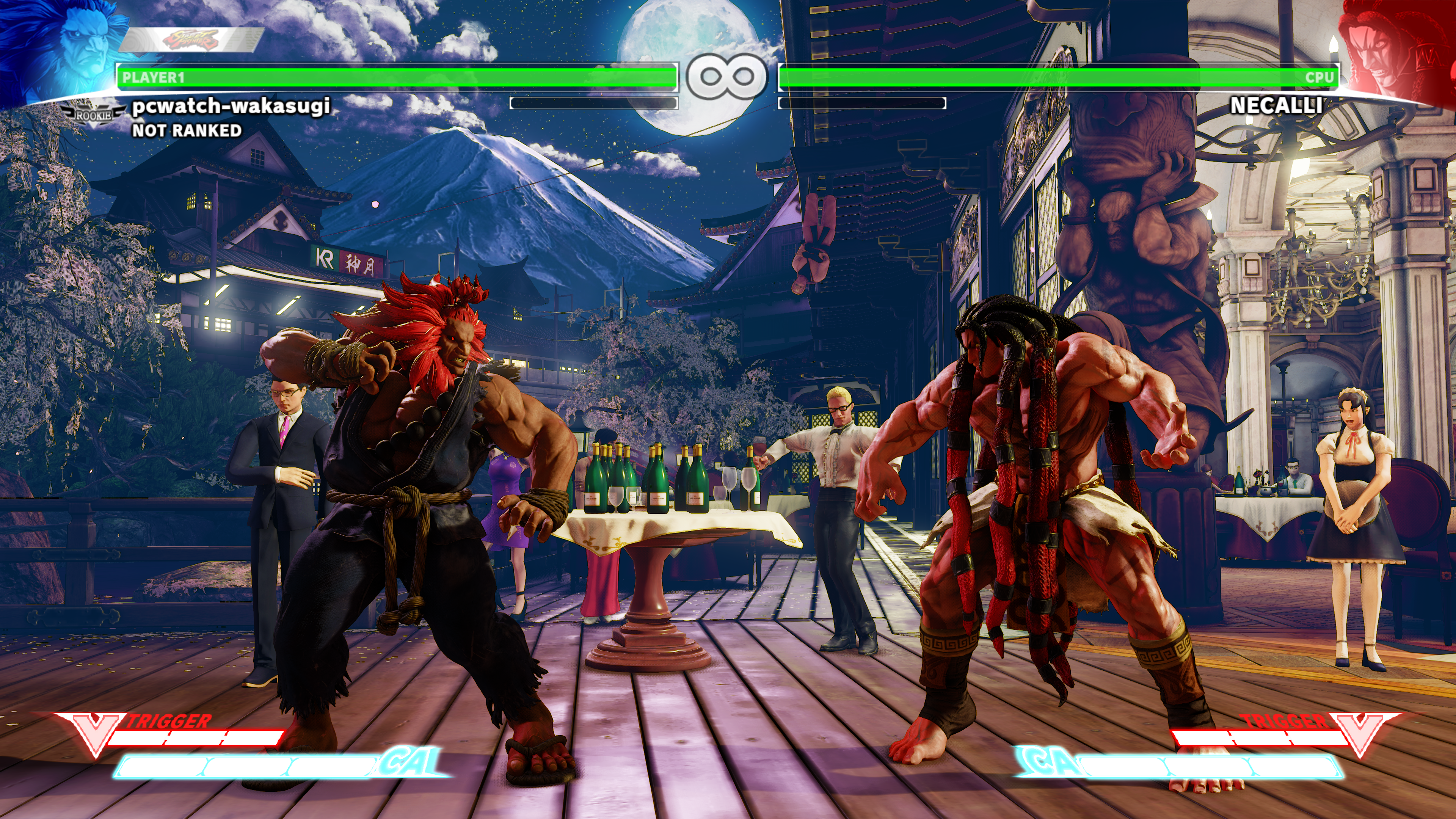 解像度4K、すべて中画質設定。背景の品質は一気に上がる。このキャラクタではわかりにくいが、右のウエイトレスなどを見ると、洋服の影やお盆などの陰影処理が粗い