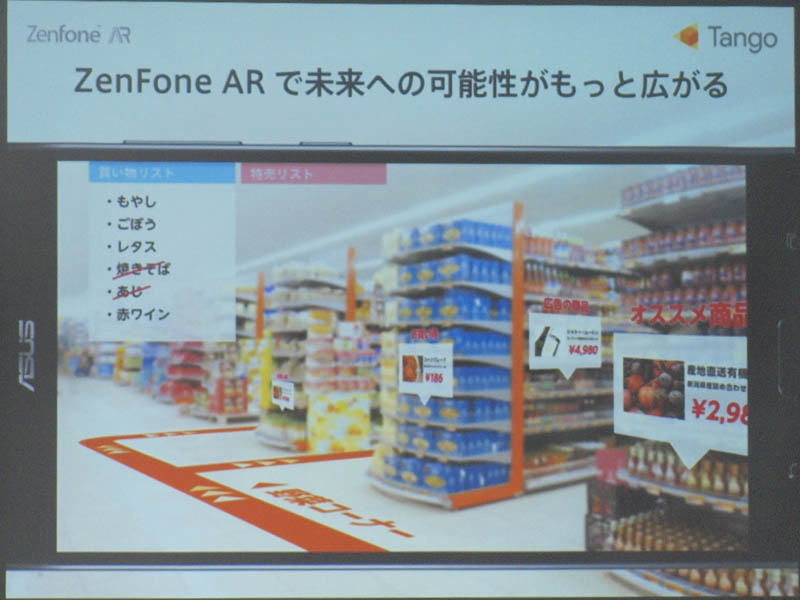 Tangoの将来像。例えば実際にスーパーに訪れた場合、買い物リストにあるものが置いてある場所までナビゲーションする