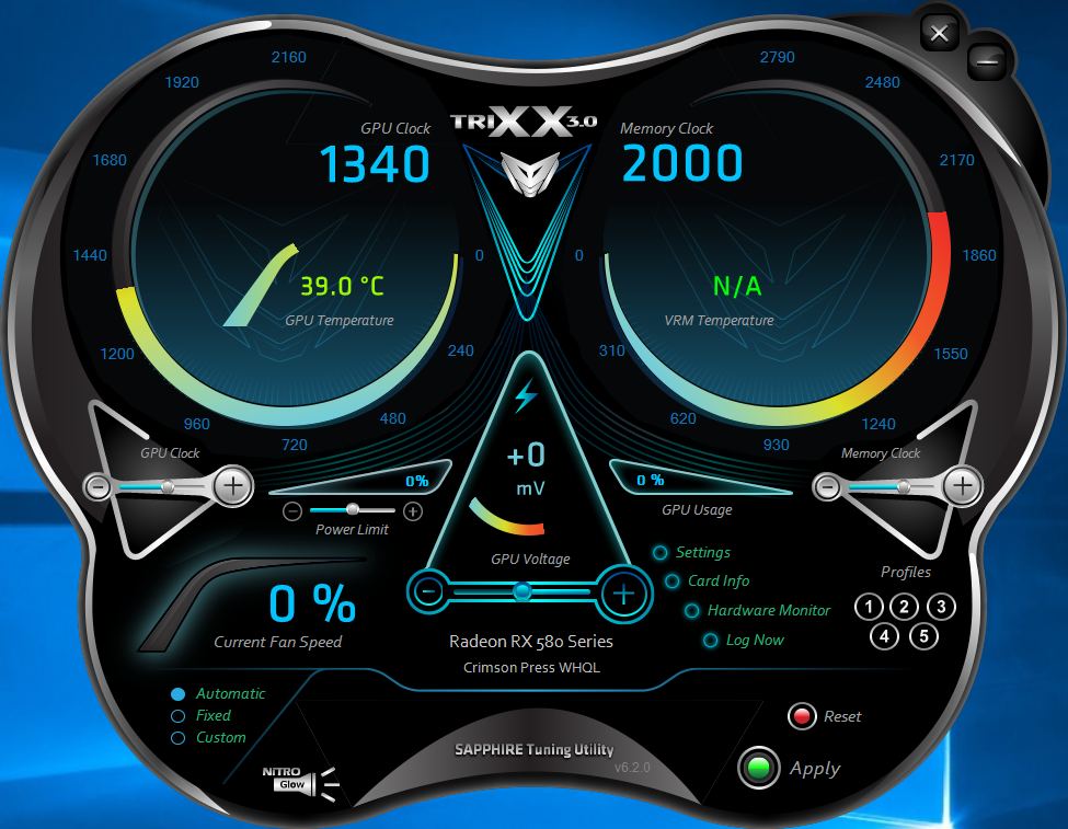 SapphireのGPUユーティリティ「TriXX 3.0」。これを用いて、GPUクロックをリファレンス相当に引き下げた際のデータも取得する
