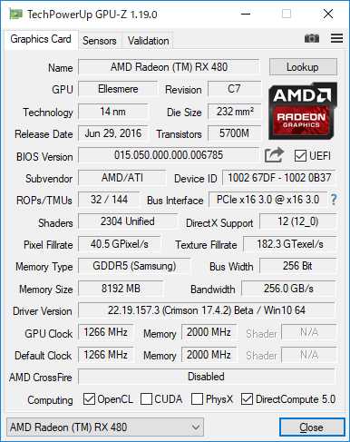 Radeon RX 480のGPU-Z実行画面