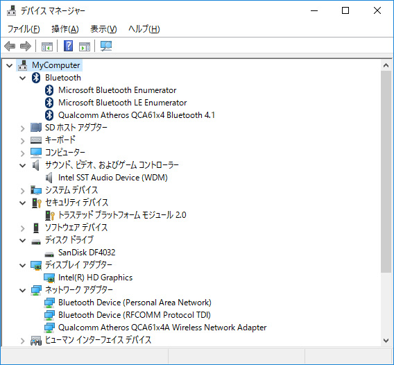 デバイスマネージャ/主要なデバイス。eMMCは「SanDisk DF4032」。Wi-FiとBluetoothはQualcomm製