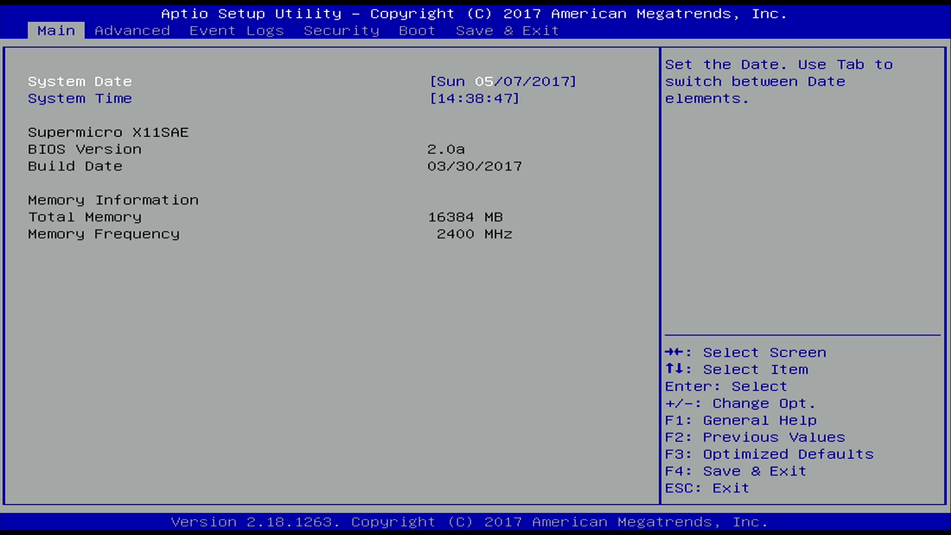 UEFIメニューの「Main」タブ。CUIベースでキーボードで操作を行なう
