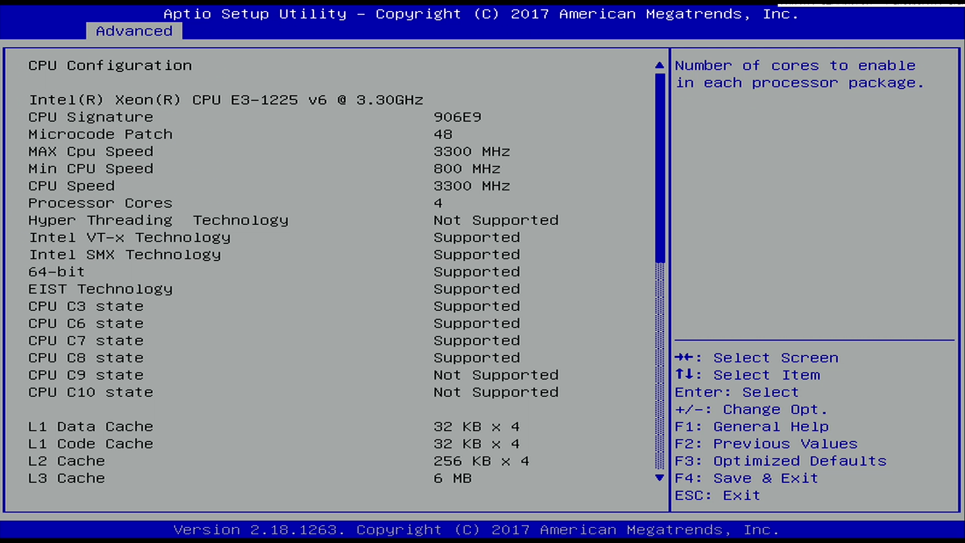AdvancedのCPU Configuration。搭載しているCPUの詳細情報が確認できるほか、CPUコアや各種機能の有効/無効を設定できる