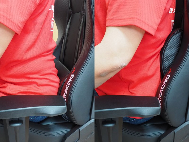 ランバーサポートは縦方向の2本のゴムベルトで装着されており、高さを自由に調整可能。どのような体格でも背筋を伸ばした姿勢を維持できる