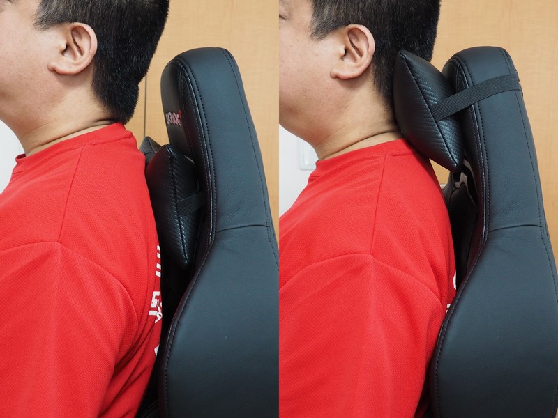 ヘッドレストは、背もたれの穴にゴムベルトを通してクリップで固定する方法と、背もたれ上部に巻いて固定する方法のふた通りで装着できる。後者であれば高さを大幅に調整可能だ