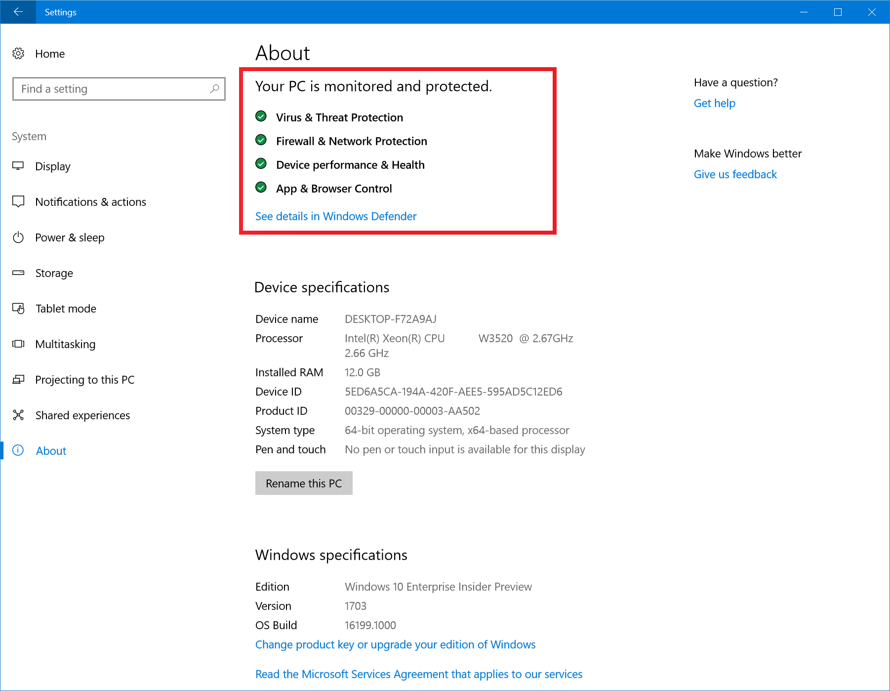 バージョン情報のページにWindows Defender Security Centerの診断結果が表示されるようになった