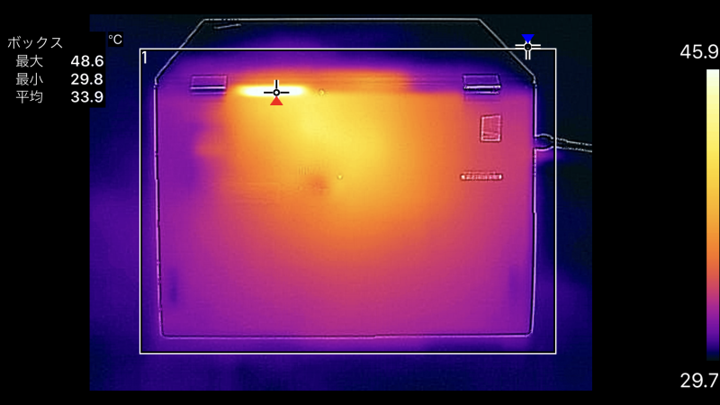 底面の最大温度は放熱口付近で48.6℃