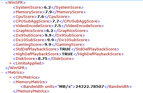 winsat formalコマンドの実行結果。総合 6.2。プロセッサ 7.6、メモリ 7.9、グラフィックス 6.2、ゲーム用グラフィックス n/a、プライマリハードディスク 8.75