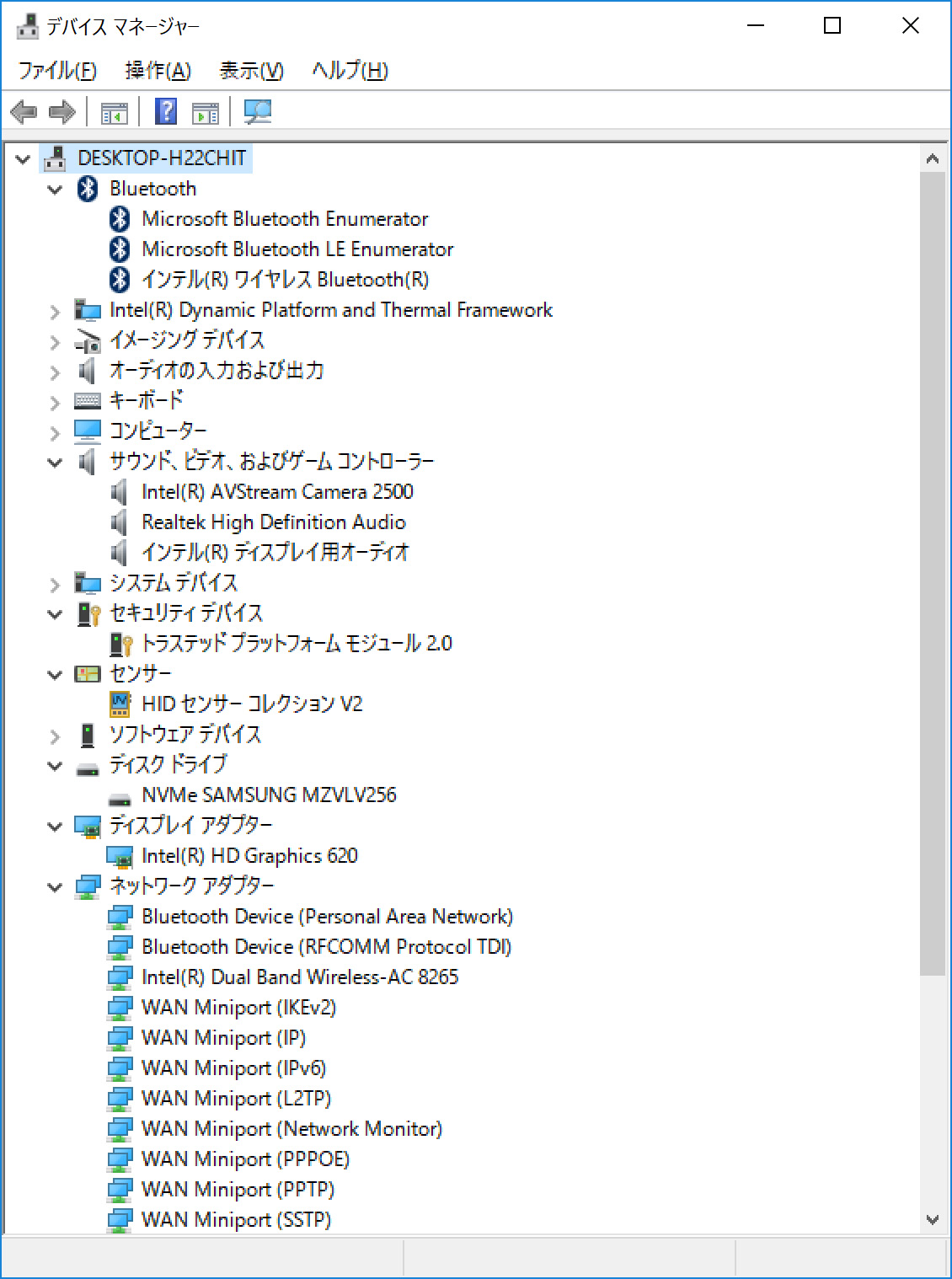 デバイスマネージャー/主要なデバイス。ストレージはNVMe SSD 256GBの「SAMSUNG MZVLV256」。Wi-FiとBluetoothはIntel製