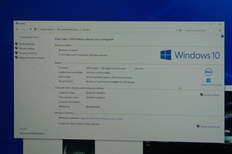 システムのプロパティ、Ryzen 7 1700Xを搭載している