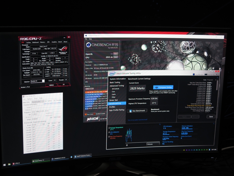 CINEBENCH R15はオーバークロック時で2353、Intel Extreme Tuning Utilityで2829というスコア