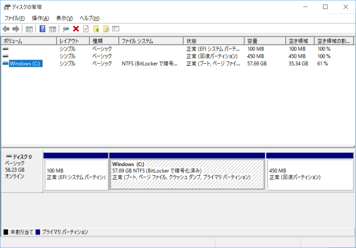 eMMCのパーティション。C:ドライブのみの1パーティションで約57.7GBが割り当てられ、BitLockerで暗号化されている