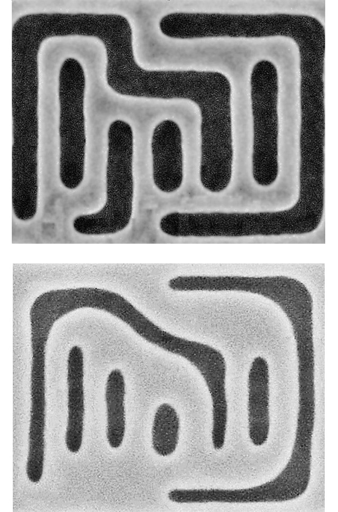 折れ曲がった線を含む回路パターンの加工にEUVリソグラフィを導入した効果。上の写真はEUVリソグラフィによる加工パターン、下の写真はArF液浸リソグラフィとマルチパターニングを組み合わせたときの加工パターン。EUVリソグラフィでは折れ曲がった部分が明瞭に解像できていることがわかる。ただし、縮尺を公表していないことに注意されたい。VLSIシンポジウム実行委員会が報道機関向けに公表した資料から