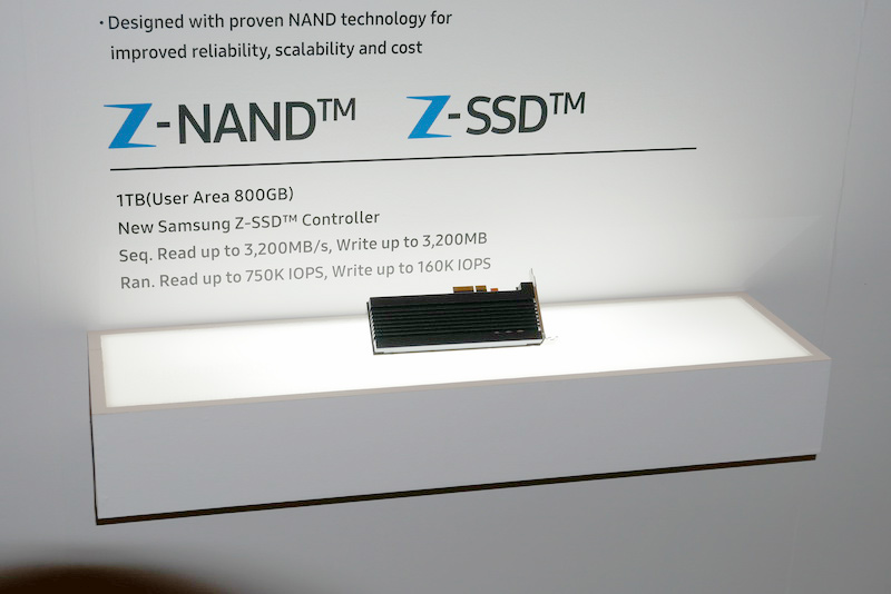 Z-SSDは、Z-SSDコントローラを搭載し、容量1TBのうちユーザーエリアは800GB。アクセス速度はシーケンシャルリード、ライトとも3,200MB/s、ランダムアクセス速度はリード750,000IOPS、ライト160,000IOPS