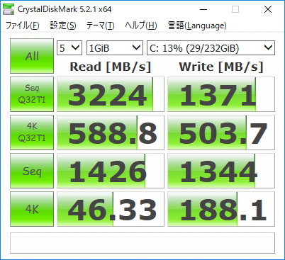 システム用ストレージのCrystalDiskMark実行結果