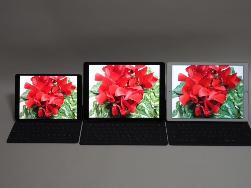 こちらはTrue Toneを適用した例。左から新型10.5インチ、新型12.9インチ、旧型12.9インチiPad Pro。写真ではわかりにくいが、新型iPad Proは赤のグラデーションがより滑らかに発色されている。また、このように並べて見ると、旧型iPad Proは全体的に青味がかっていて、寒々しく感じられる