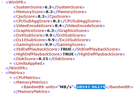 「winsat formal」コマンド結果。総合 6.3。プロセッサ 8.3、メモリ 8.3、グラフィックス 6.3、ゲーム用グラフィックス n/a、プライマリハードディスク 8.15