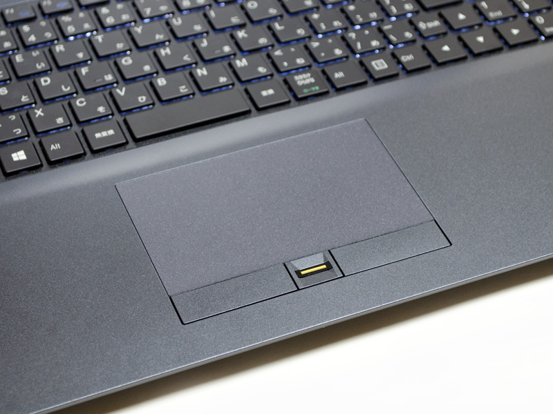 タッチパッド周辺。物理的なボタンが2つあるタイプ。間に指紋センサー