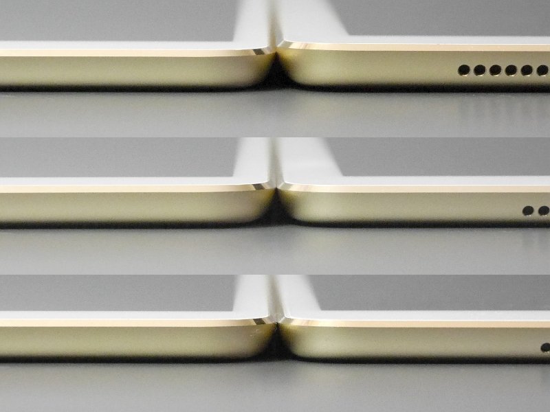 厚みの比較。いずれも左が本製品、右は上から順に12.9インチiPad Pro、9.7インチiPad Pro、iPad mini 4。12.9インチiPad Proよりは薄く、ほかの2製品とはほぼ同等