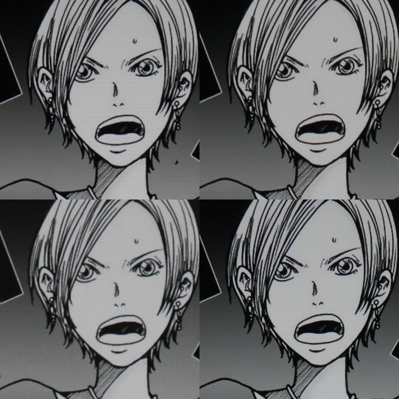 コミック(うめ著「大東京トイボックス 1巻」)の細部ディティールの比較。上段左が10.5インチiPad Pro、右が9.7インチiPad Pro。下段左がiPad mini 4、右が12.9インチiPad Pro(第2世代)。いずれも見開き表示から切り出したものだが、解像度はいずれも300ppi前後であるため、元サイズが小さいiPad mini 4が若干ぼけて見える以外はどれも大差なく、十分な品質だ