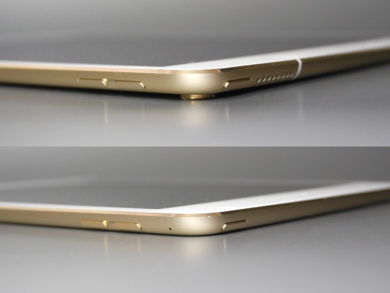 本製品(上)はカメラが背面から突出しているため、直に置くとこのように宙に浮いた状態になり、触れる面にキズがつきやすい。背面がフラットなiPad mini 4(下)であればこうした心配はない