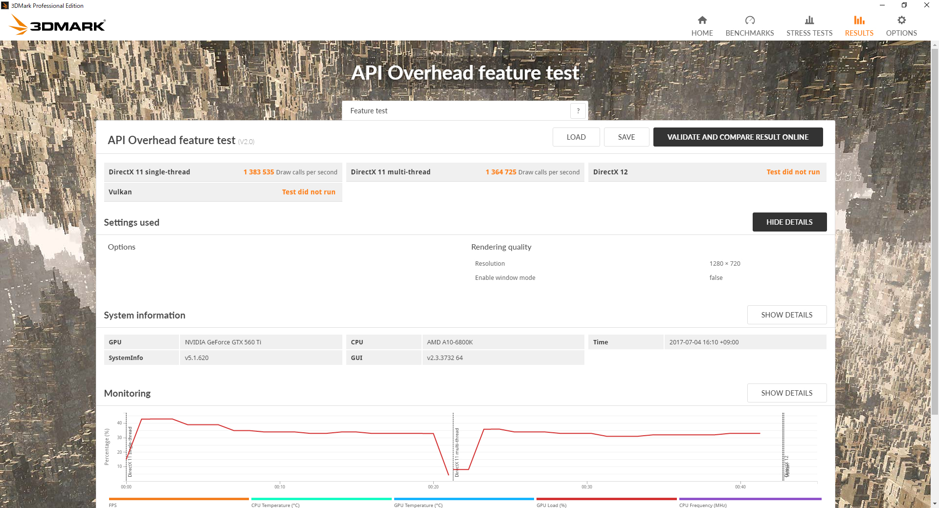 382.53ではDirectX 12専用のTime SpyやAPI Overhead feature testのDirectX 12テストができない