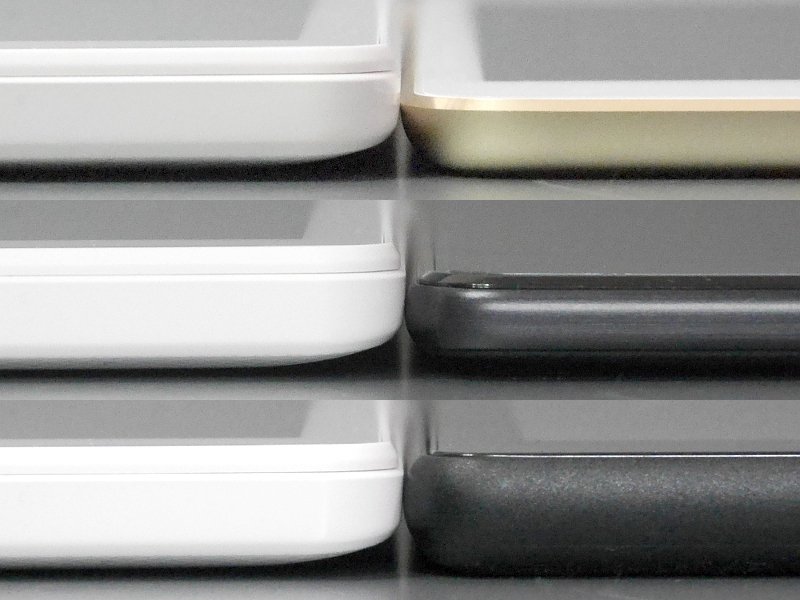 厚みの比較。いずれも左が本製品、右は上から順にiPad mini 4、ZenPad 3 8.0、Fire HD 8。厚みはそこそこあることがわかる