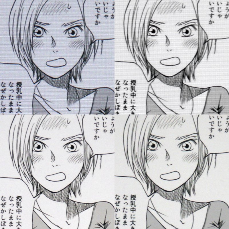 見開き状態での画質の比較。下段2つ(ZenPad 3 8.0、iPad mini 4)は十分見られるディティールを維持しているが、本製品およびその隣のFire HD 8は細部の描写がつぶれがちで、解像度の低さが一目瞭然