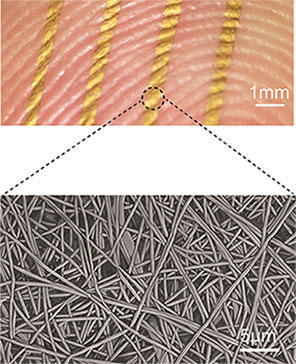 指の指紋側に貼り付けられたナノメッシュ電極（上）、および皮膚レプリカ上に形成された電極の電子顕微鏡像。300～500nmのメッシュ導体がからみあっている状態