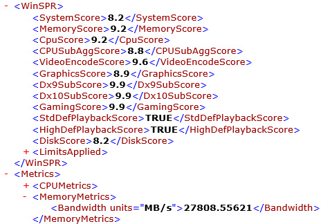 「winsat formal」コマンド結果。総合 8.2。プロセッサ 9.2、メモリ 9.2、グラフィックス 8.9、ゲーム用グラフィックス n/a、プライマリハードディスク 8.2