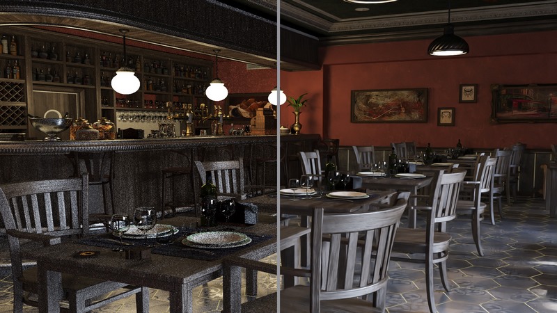 処理途中のレイトレーシング画像(左)と、それをもとにAIで出力した画像(右)