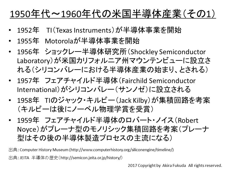 1950年代～1960年代の米国半導体産業(その１)。集積回路の発明が最大のトピックス。トランジスタ時代の終わりと集積回路時代の始まり