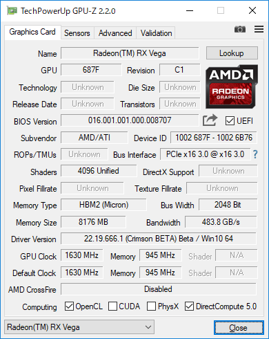 Radeon RX Vega 64のGPU-Z実行結果