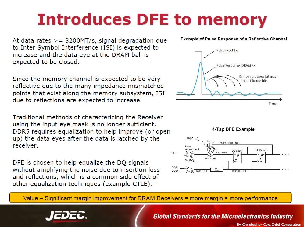 判定帰還型等化器(DFE :Decision Feedback Equalizer)の受信回路への導入。IntelのChristpher Cox氏が2017年6月の「Server Forum」で講演したときのスライドから