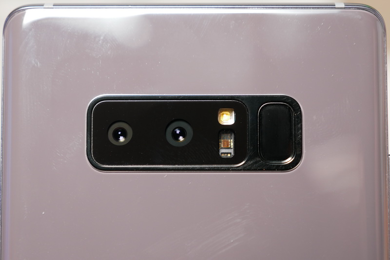 背面に広角と2倍望遠のデュアルレンズカメラを搭載。カメラユニット横には指紋認証センサーを配置