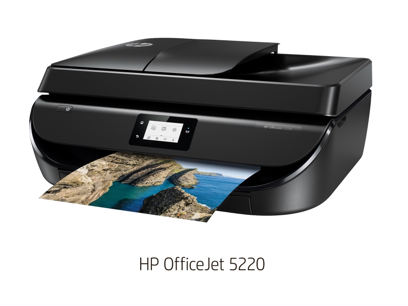 HP OfficeJet 5220<br>直販価格15,800円、10月26日発売<br>家庭またはホームオフィス向けにコストパフォーマンスを高めたスタンダードモデル<br>仕様: A4カラーインクジェット複合機(プリント/コピー/スキャン/FAX)、プリントヘッド一体型(黒: 顔料インク、カラー: 3色一体型染料インク)、印刷速度(A4):モノクロ約10ppm、カラー約7ppm、その他: 2.2型モノクロタッチスクリーン、ADF、自動両面印刷