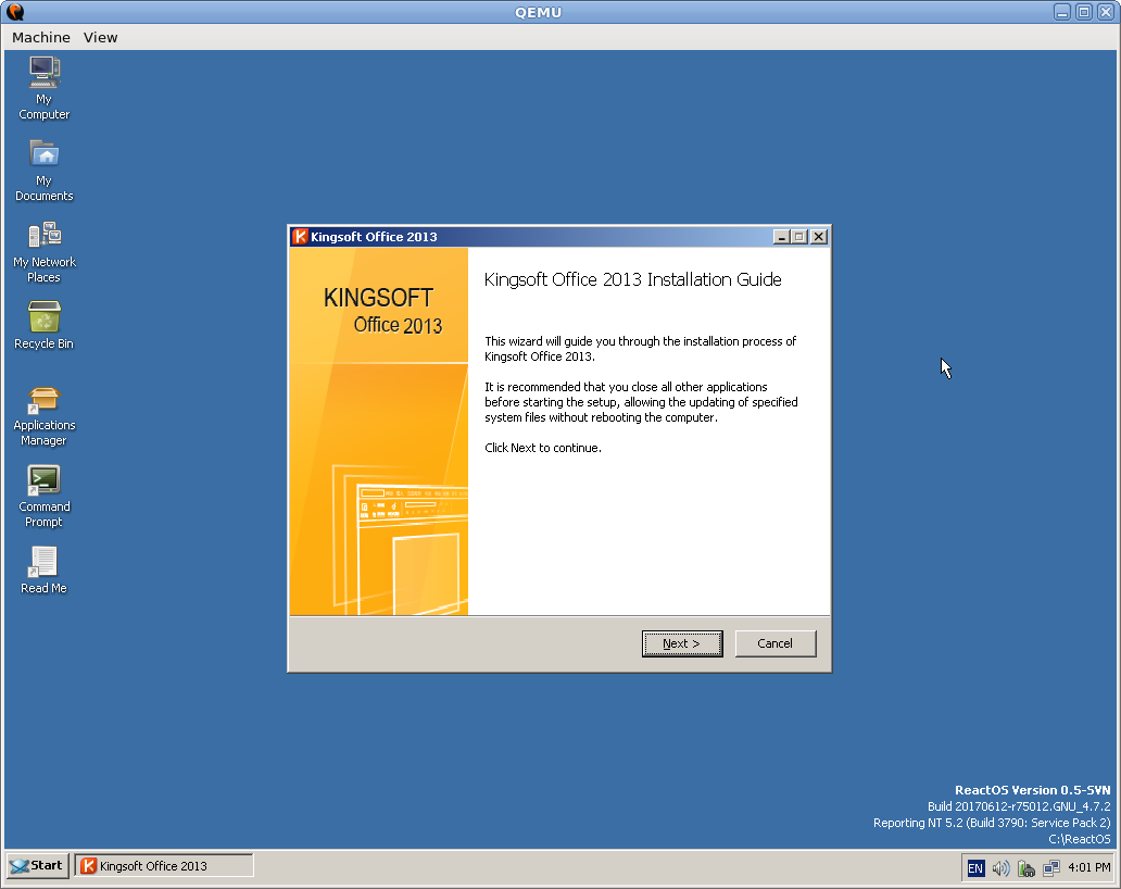Kingsoft Officeのインストーラも動作した
