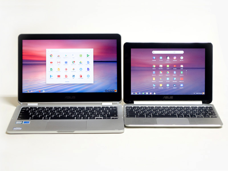 筆者が所有する10.1型「Chromebook Flip C100PA」との比較。「Chromebook Flip C100PA」にはβチャンネルのOSをインストールしているので現在61系。ログインパネルやアプリランチャーのデザインが異なり半透明になっている