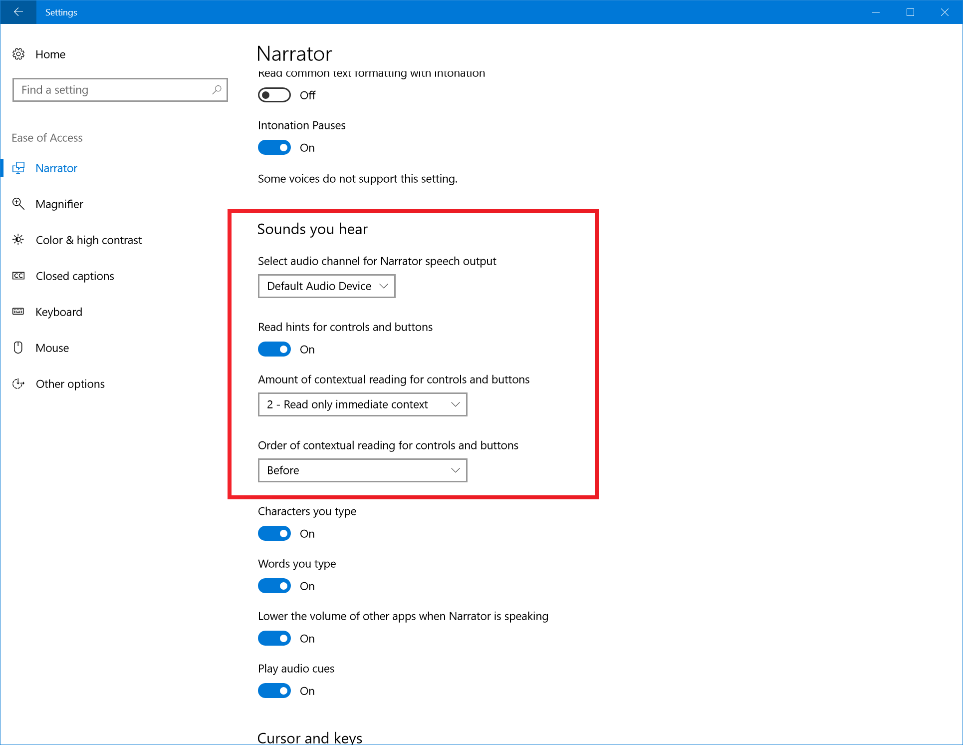 ナレーターの設定に設けられた新たなセクション