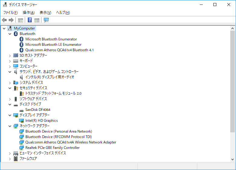 デバイスマネージャ/主要なデバイス。eMMCは64GBの「SanDisk DF4064」。Gigabit EthernetがRealtek製、Wi-FiとBluetoothはQualcomm製