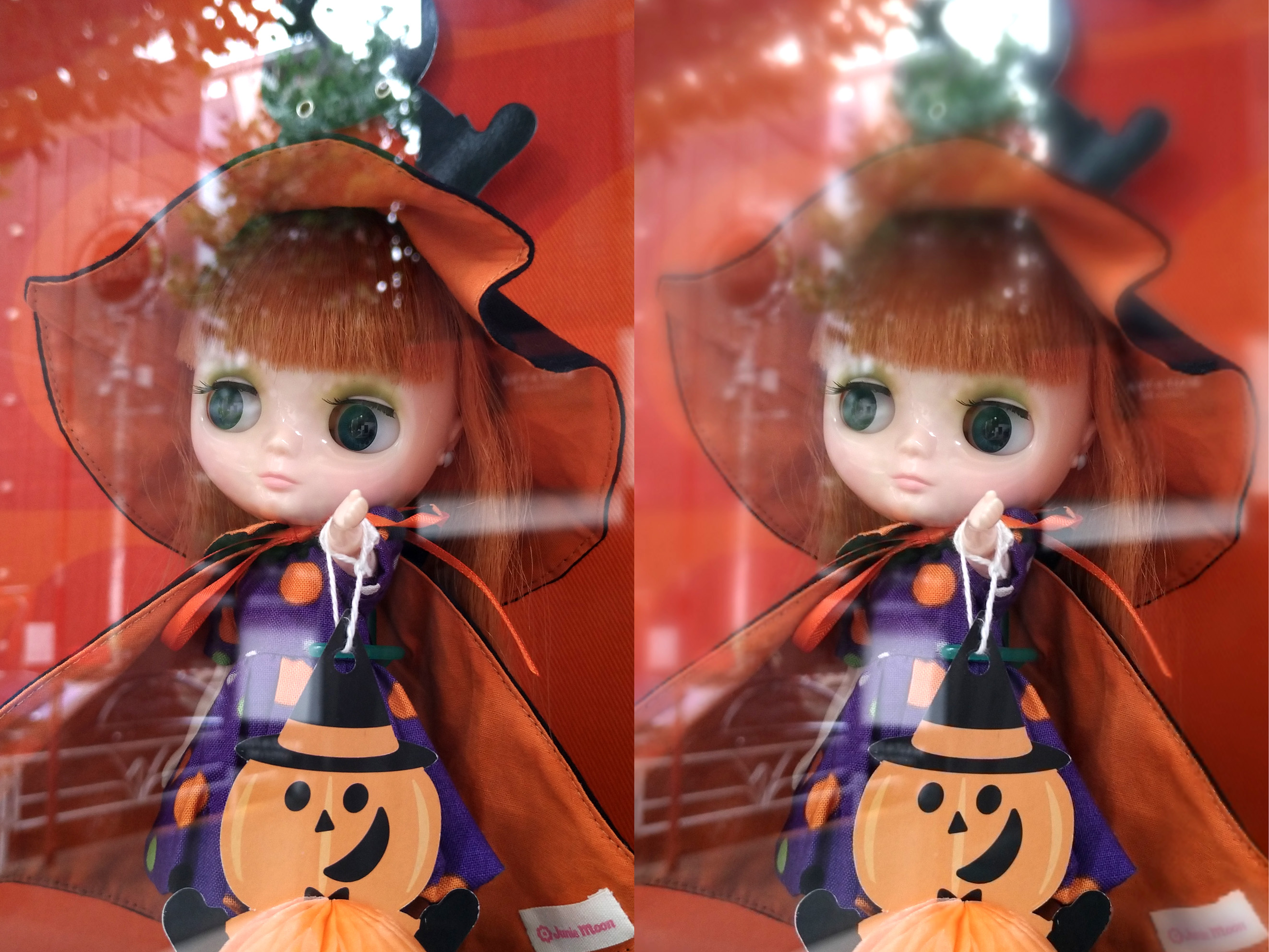 ポートレートモードオフ(左)/オン(右)。人ではなく、またガラス越しなので少しわかりにくいが、顔以外の部分がボケている。また本来ガラス面に写り込んだ背景と、実際の背景はボケ方が違うはずだが、同じボケ味で処理されている