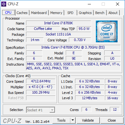 Core i7-8700KのCPU-Z実行画面