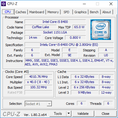 Core i5-8400のCPU-Z実行画面