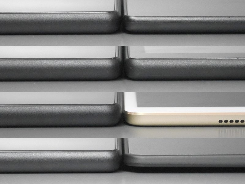 厚みの比較。いずれも左が本製品、右は上から順に第5世代Fire HD 10、第7世代Fire HD 8、10.5インチiPad Pro、Fire HDX 8.9。こうして比べるとかなりの厚み(9.8mm)があることがわかる