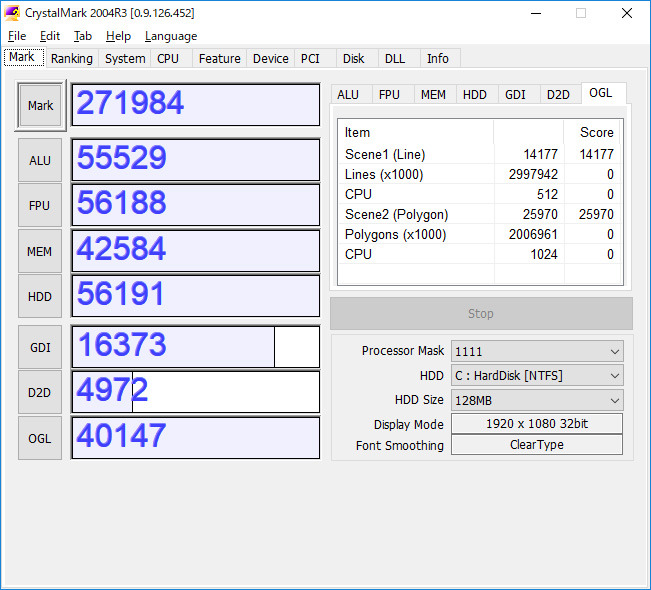 CrystalMark。ALU 55529、FPU 56188、MEM 42584、HDD 56191、GDI 16373、D2D 4972、OGL 40147