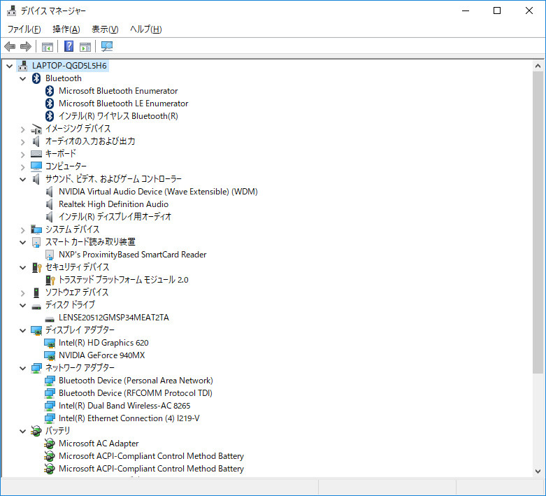 デバイスマネージャ/主要なデバイス。ストレージは512GB NVMe SSDの「LENSE20512GMSP」。GbE、Wi-Fi、BluetoothはIntel製